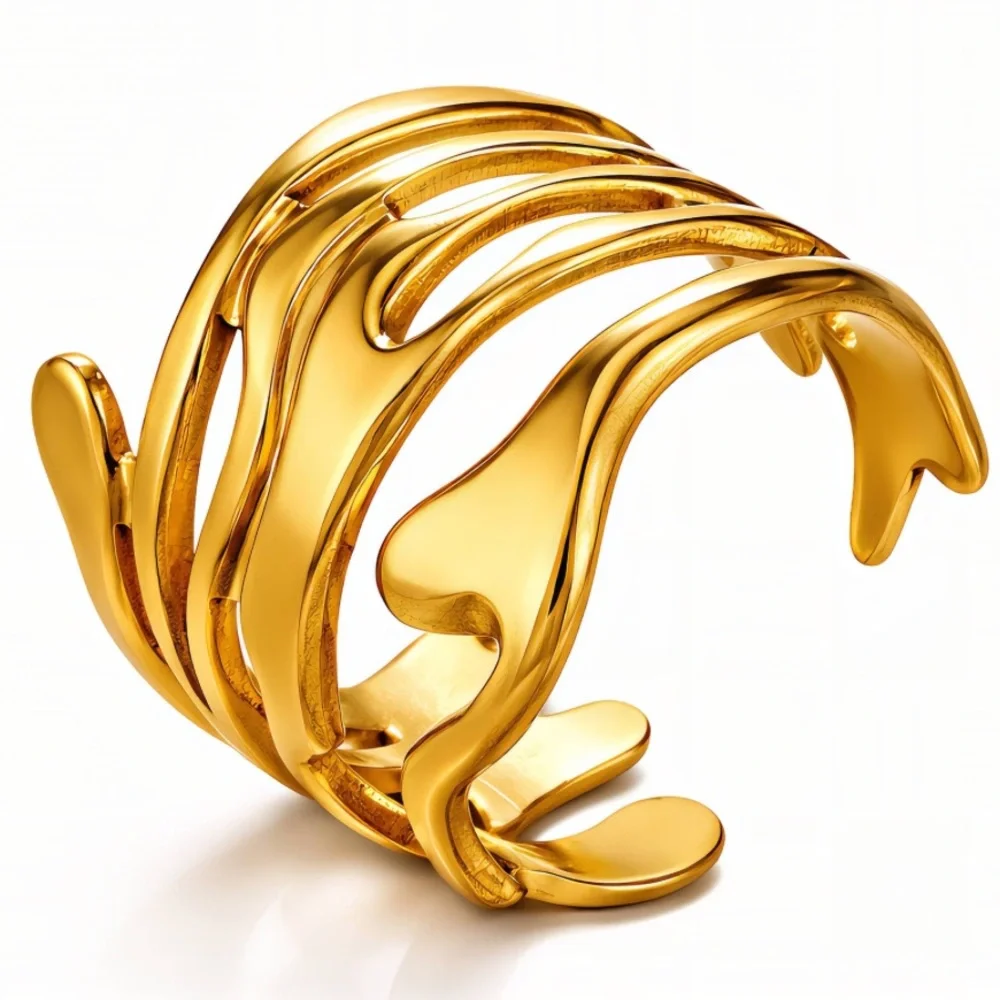 18K Gold Plated Adjustable Wave Ring Stainless Steel NWT